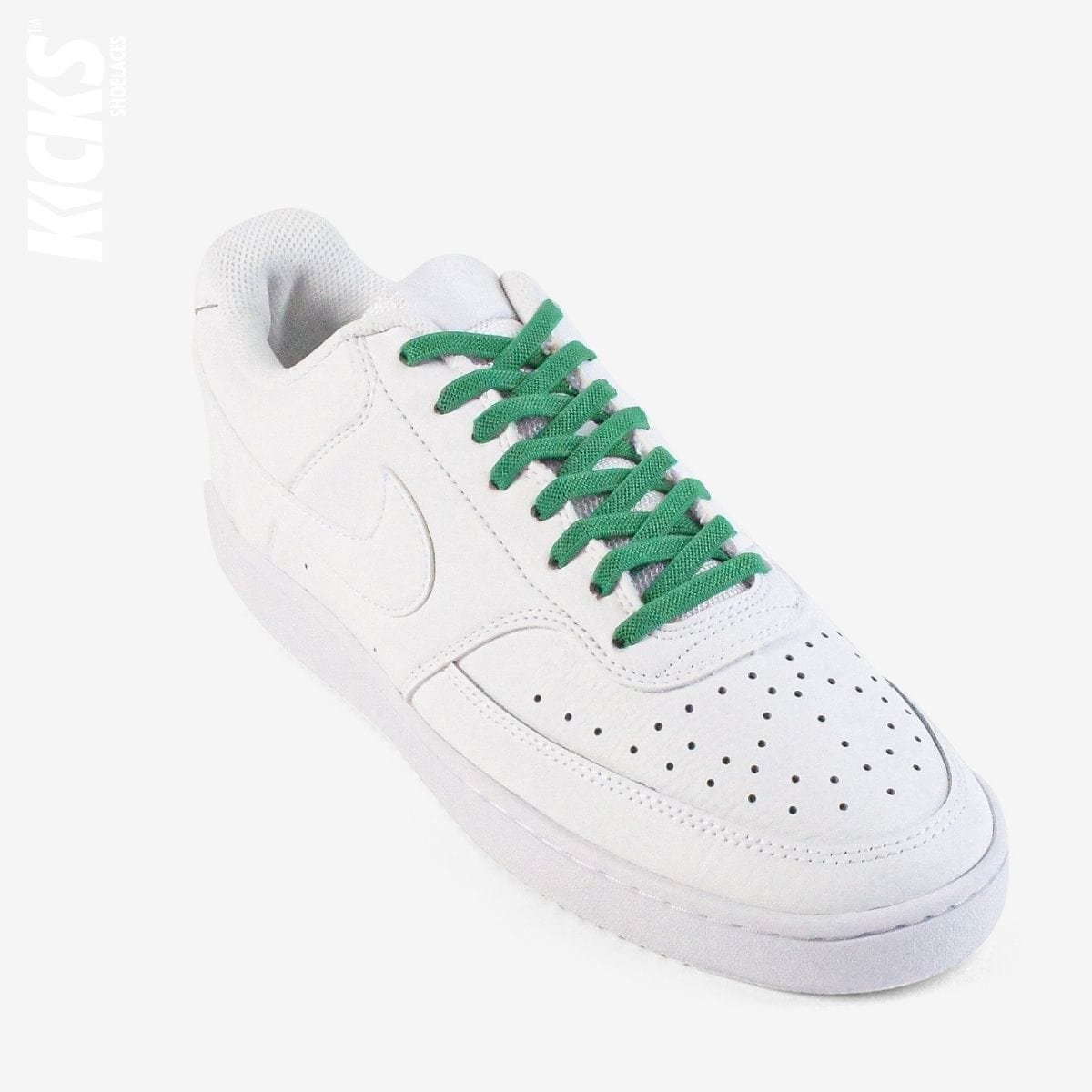 no-tie-shoelaces-with-green-laces-on-nike-white-sneakers-by-kicks-shoelaces