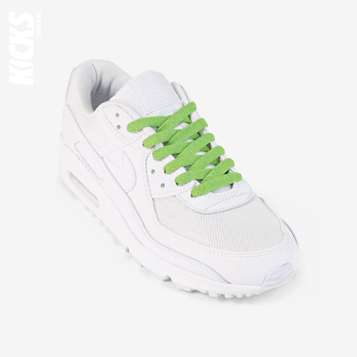 novelty-shoelaces-on-white-sneaker-using-kids-bright-green-flat-shoelaces